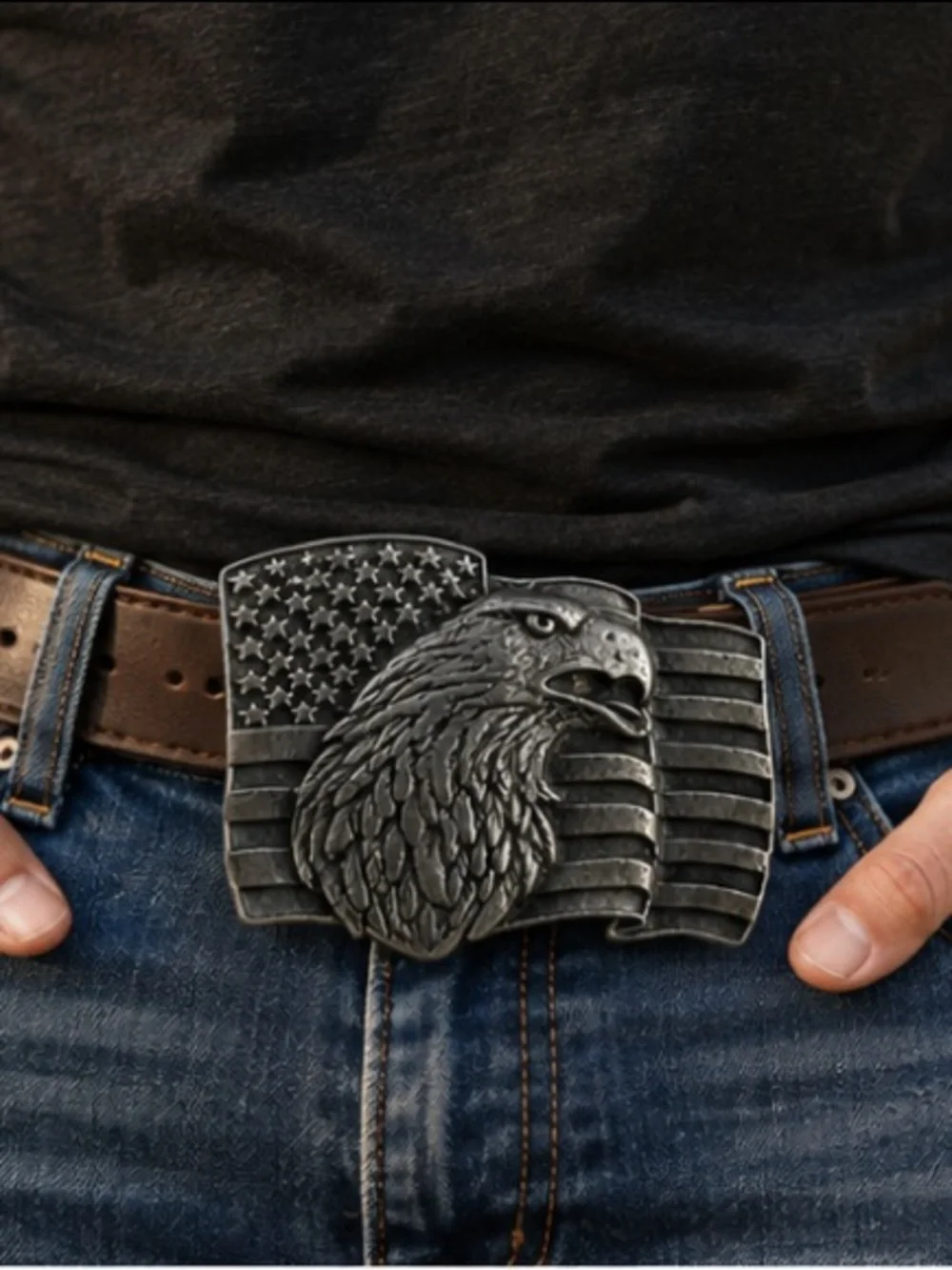 Vintage 1990 Siskiyou W89 Bald Eagle American Flag Pewter Belt Buckle USA